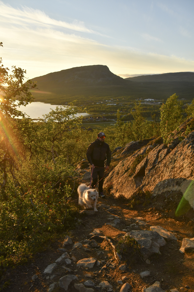 Mies aurinkolaseissa ja valkoinen lapinkoira nousevat kivikkoista polkua pitkin kohti Salmivaaran huippua. Aurinko laskee miehen selän takana maiseman avautuessa Saanatunturia kohti.