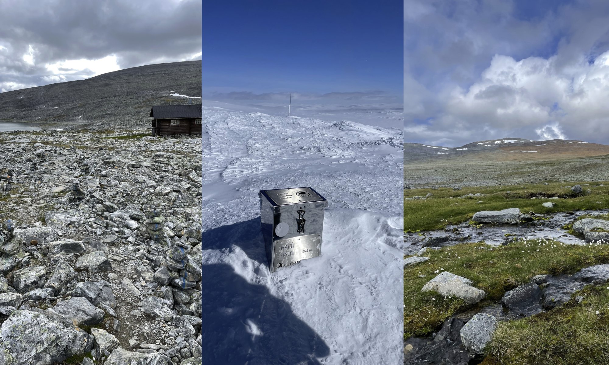 Haltin tupa kesällä, Haltin vieraskirja hautautuneena lumeen, sekä puro Haltin lähestöllä kesällä 
