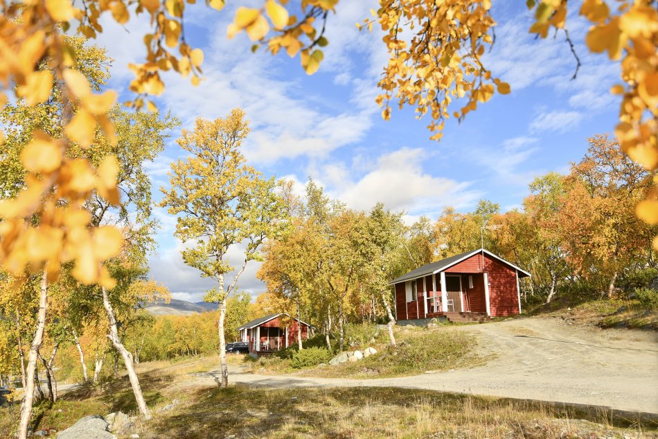 Punainen mökki Kilpisjärven rannalla syksyisessä auringonpaisteessa. Taivas on sininen ja keltaiset lehdet rajaavat kuvaa. 