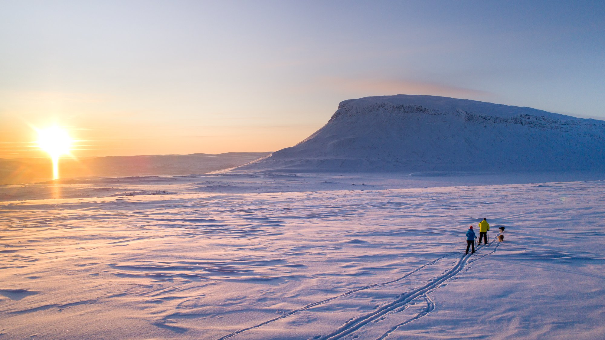 Pariskunta hiihtää koirien kanssa Kilpisjärvellä auringonlaskussa Saana tunturi taustalla